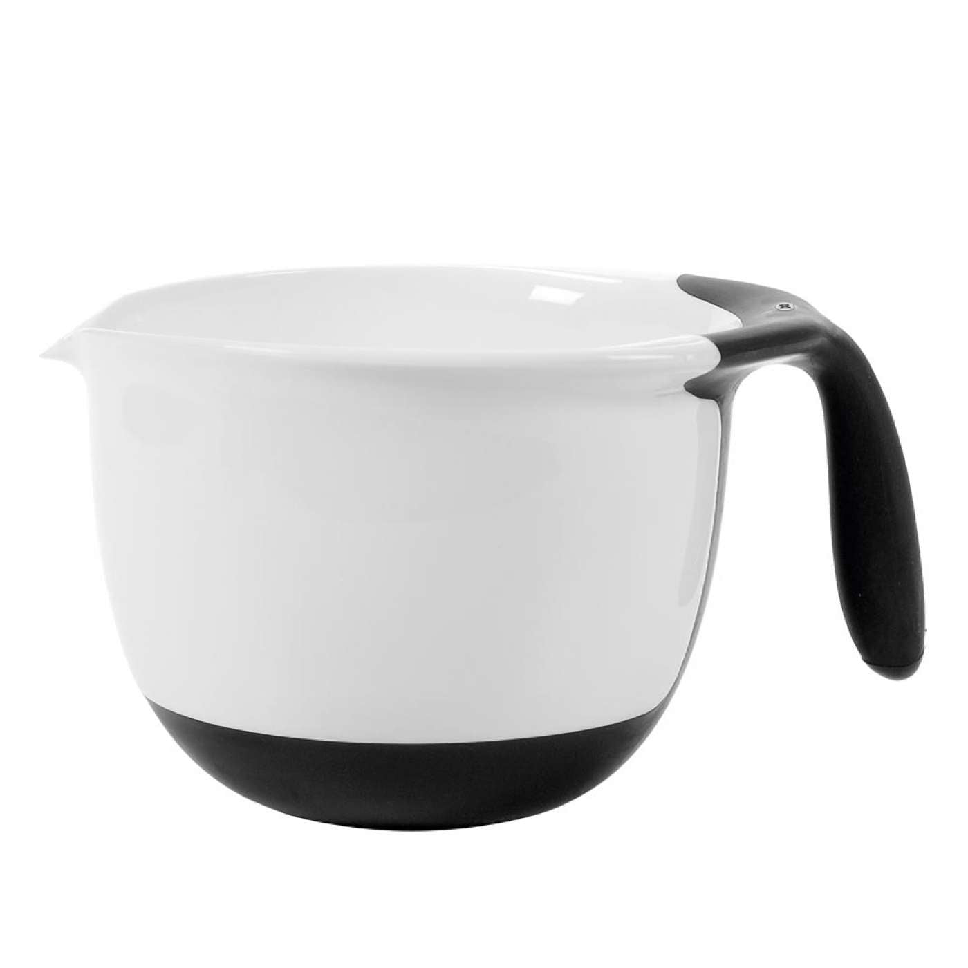 A white OXO GG Batter Bowl with a black handle and spout.
