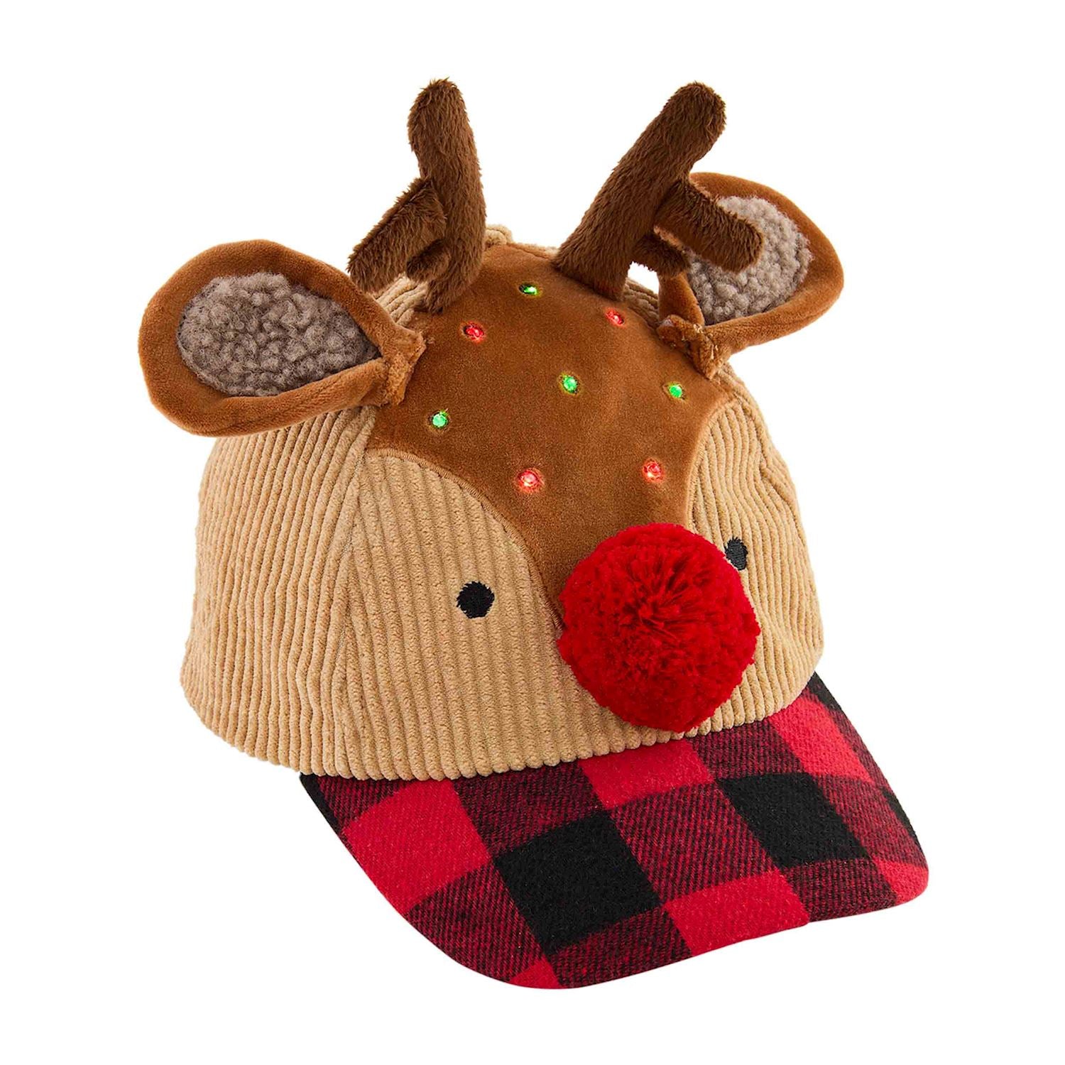 A Christmas themed light up hat designed for kids, featuring a reindeer face with brown antlers and a red nose, and a red and black plaid brim.