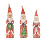 A set of three Santa Claus figures, each holding different items, positioned against a white background.