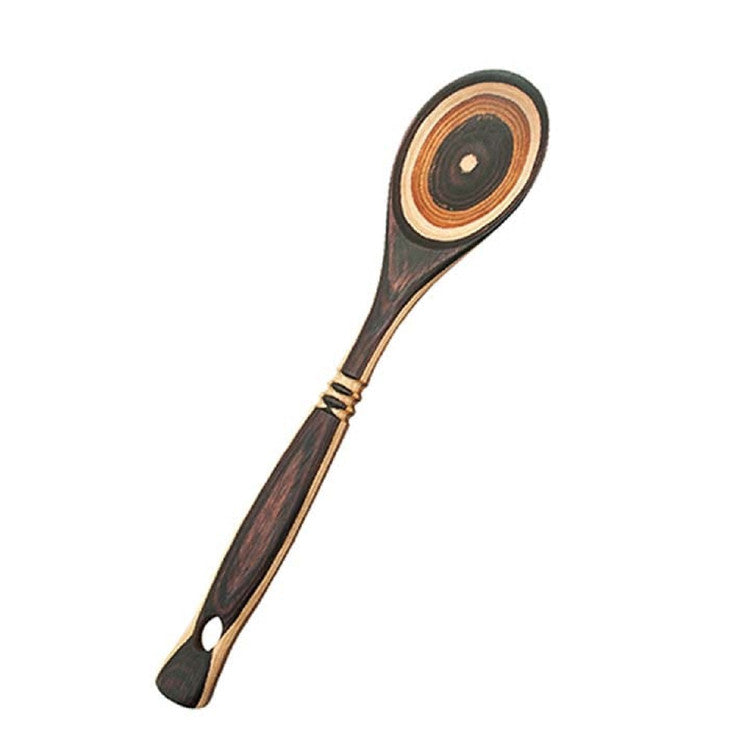 A wooden spoon with a circular head and a handle, primarily used for cooking or serving.