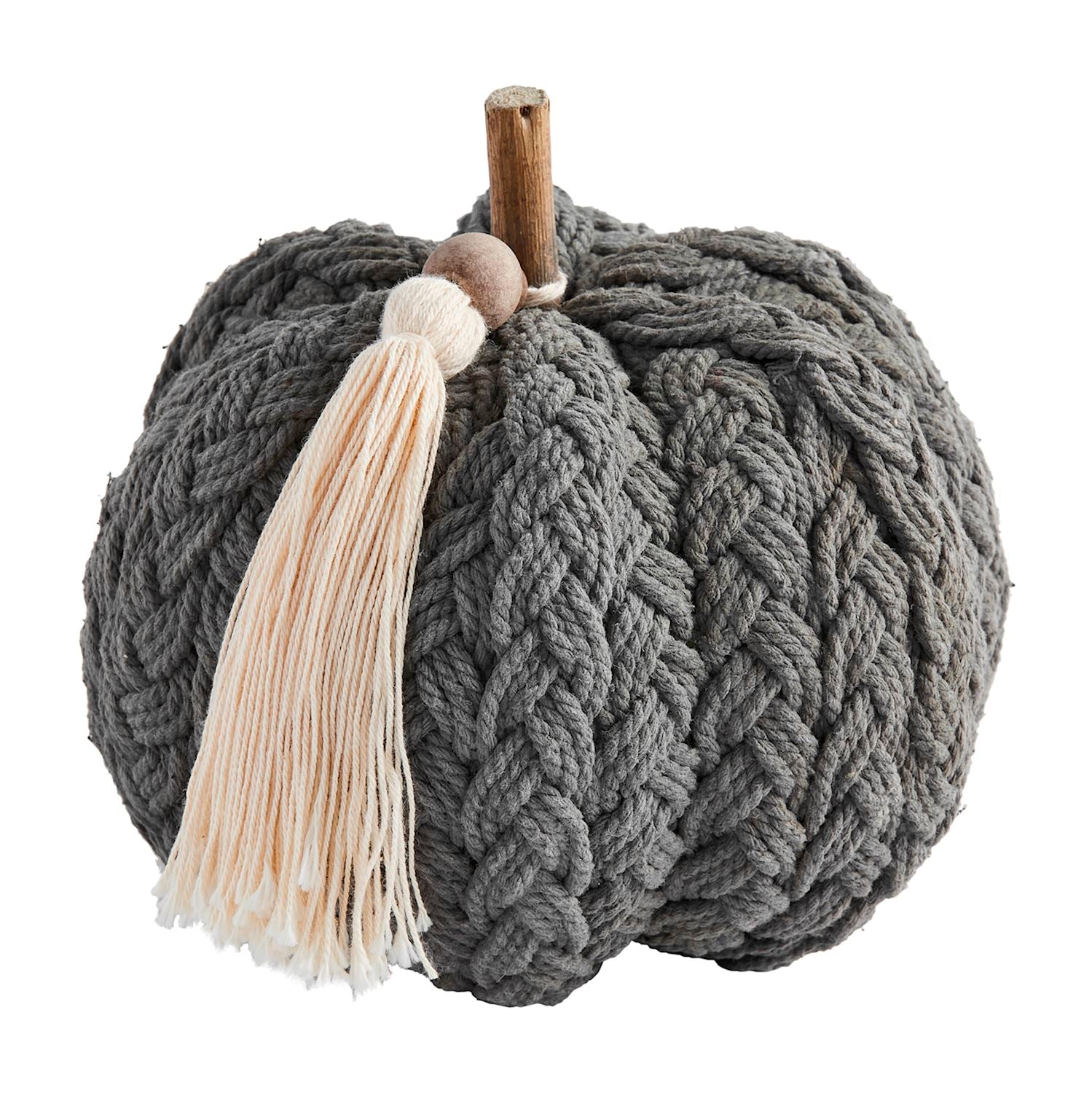 A plush grey braided pumpkin with a beige tassel, suitable for fall and Halloween decorations.