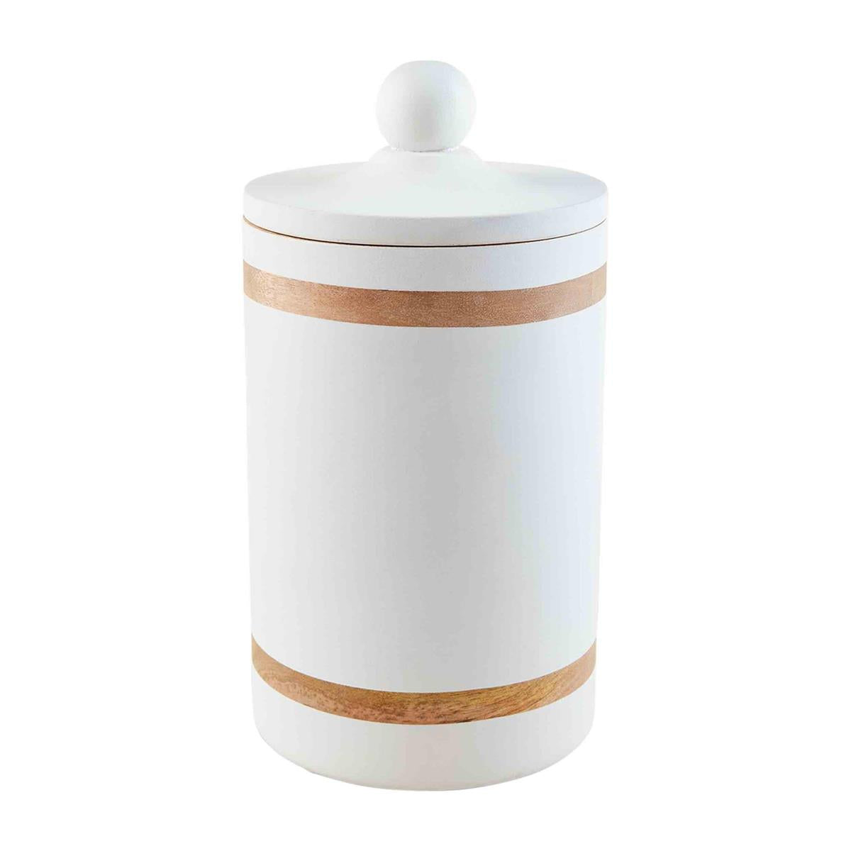 A white cylindrical canister with a wooden lid and a ball on top, likely made of wood or a combination of wood and plastic.