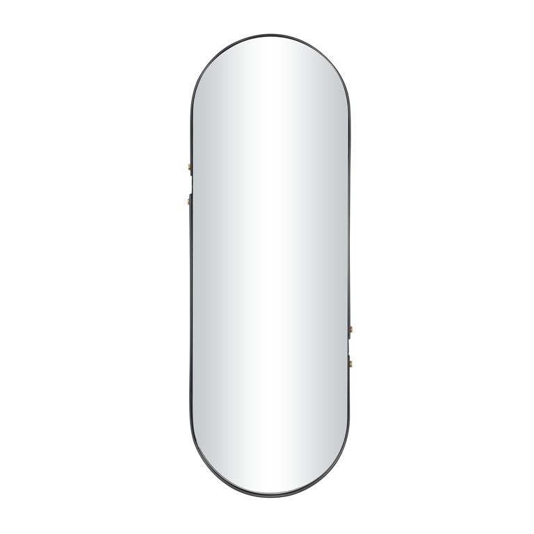 A cylindrical wall-mounted mirror with a reflective silver surface and black mounting hardware.