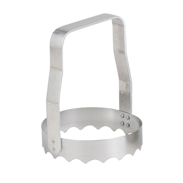 A silver-colored metal food cutter with a handle on top and a serrated edge.