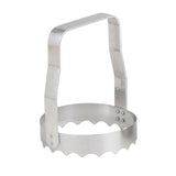 A silver-colored metal food cutter with a handle on top and a serrated edge.