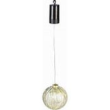 A clear, round outdoor ornament with a shatterproof design, hanging from a black chain.