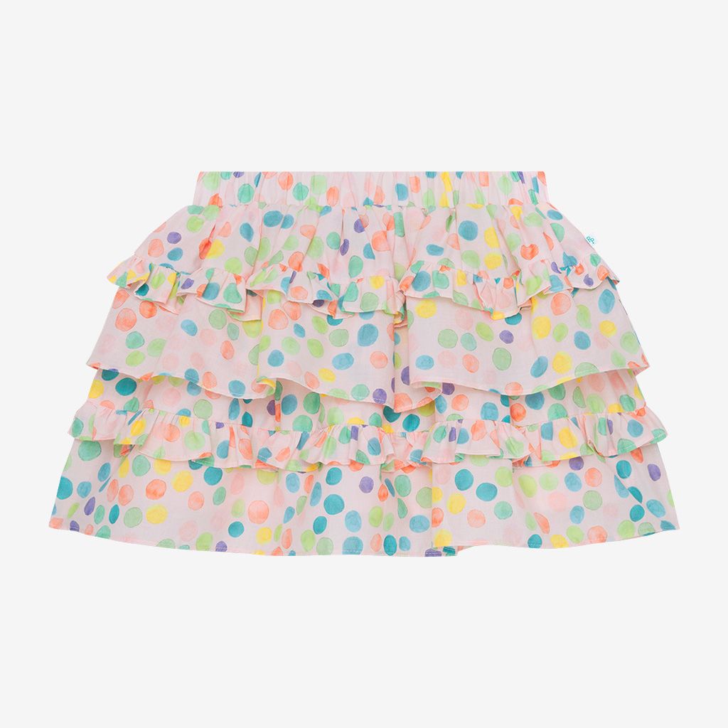 A multicolored dotted mini skirt with ruffles.