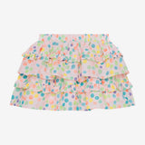 A multicolored dotted mini skirt with ruffles.