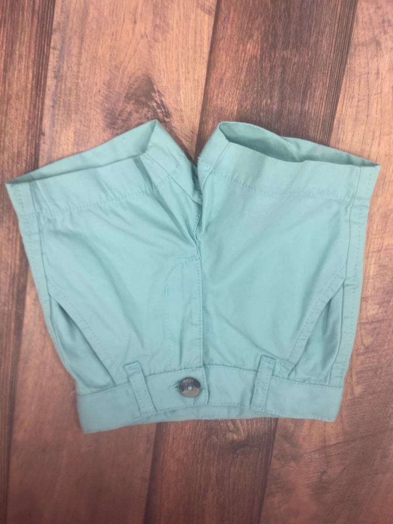 A pair of aqua-colored chino shorts laid flat on a wooden surface.