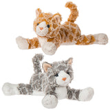Two plush kittens, one with orange and white fur and the other with grey and white fur, lying down.