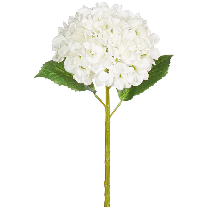 A single 20-inch artificial tough white hydrangea stem with green leaves.