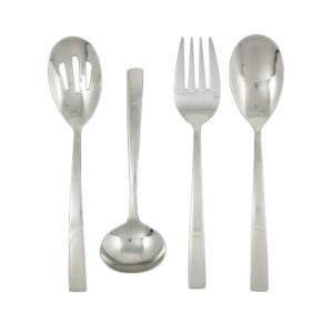 A set of stainless steel flatware including a slotted spoon, a solid spoon, a serving fork, and a dinner fork.