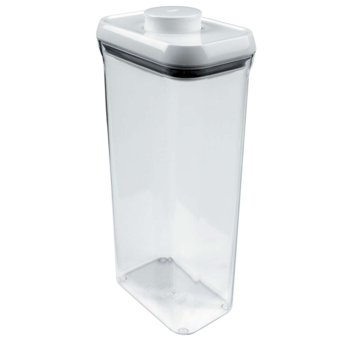 A rectangular, clear OXO POP food storage container with a white lid.