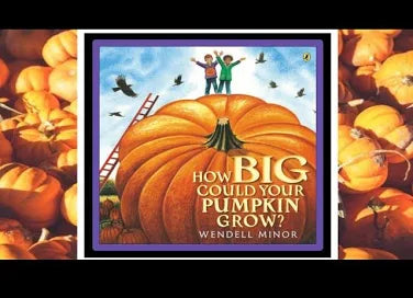Book cover for the children's book 'How Big Could Your Pumpkin Grow?' by Wendell Minor, featuring an illustration of two children standing on a giant pumpkin with a ladder, framed by a purple border and set against a background of pumpkins.