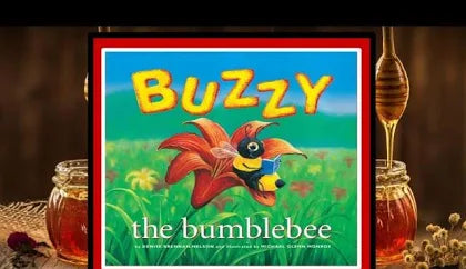 The book cover of 'Buzzy the Bumblebee' is displayed in the center, framed by a red border. The cover features a colorful illustration of a bumblebee on a red flower in a green field under a blue sky, with the title 'BUZZY' in large yellow letters.