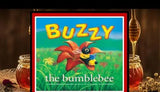 The book cover of 'Buzzy the Bumblebee' is displayed in the center, framed by a red border. The cover features a colorful illustration of a bumblebee on a red flower in a green field under a blue sky, with the title 'BUZZY' in large yellow letters.