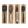 Set of kitchen utensils including a whisk, spatula, and ladle in a wooden holder.
