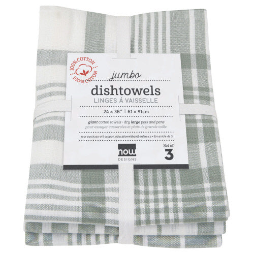 A folded grey and white striped kitchen towel with a label indicating 'Jumbo Dishwasher Linens' and 'Now Designs'.