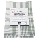 A folded grey and white striped kitchen towel with a label indicating 'Jumbo Dishwasher Linens' and 'Now Designs'.