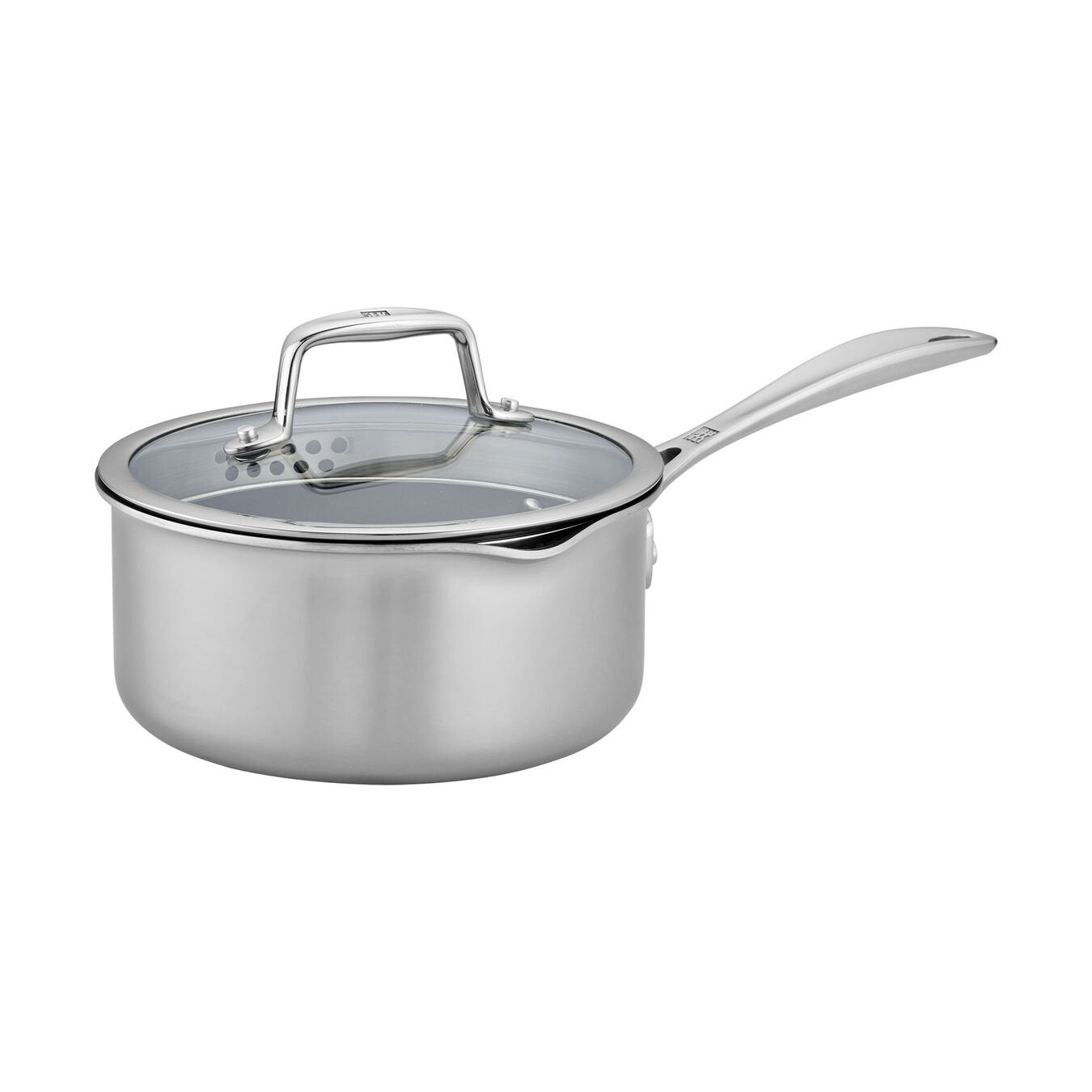 A silver Zwilling Clad Saucepan with a 2 Qt capacity, featuring a stainless steel body and a long handle on the lid.