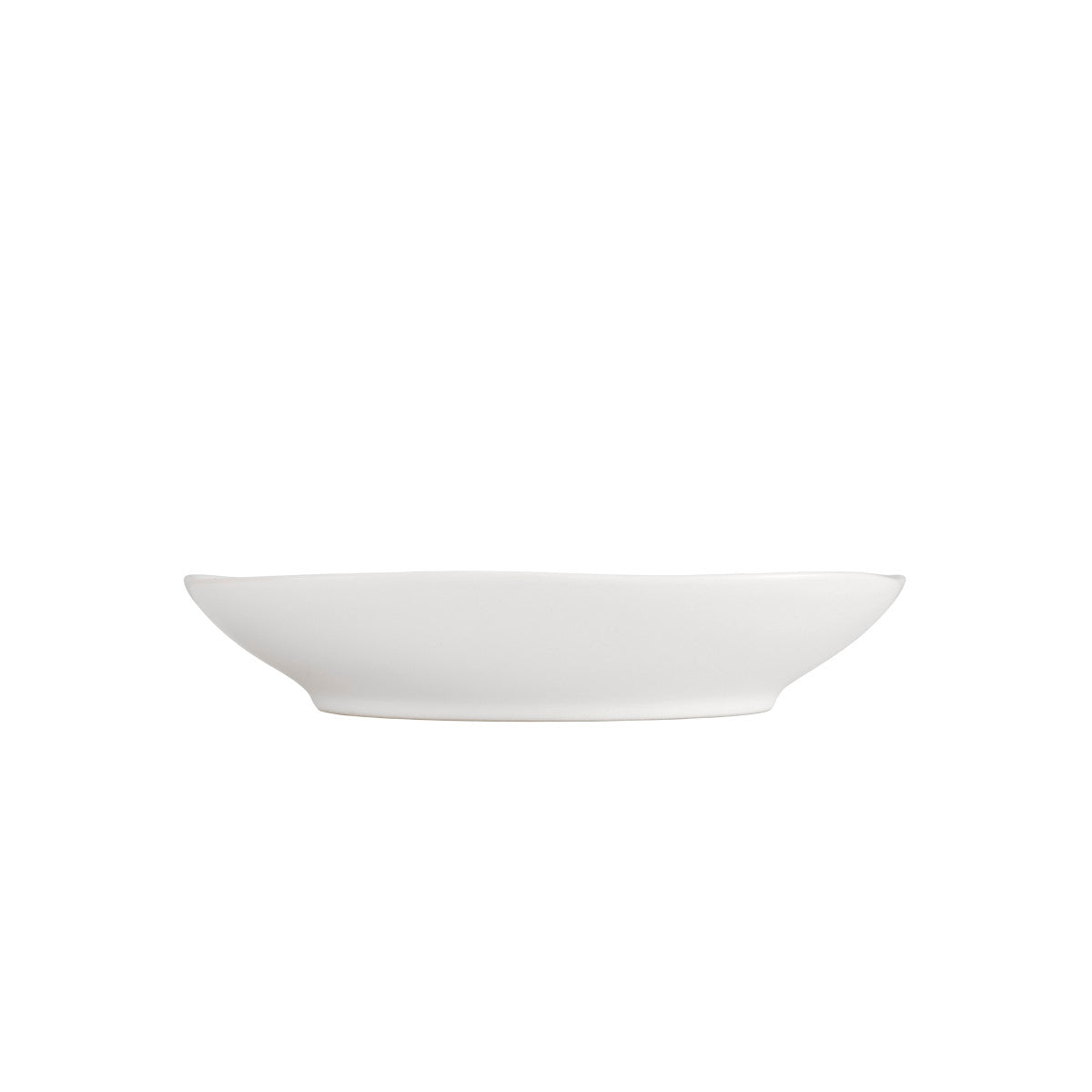 A white ceramic pasta bowl with a simple, elegant design on a plain background.
