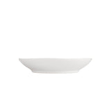 A white ceramic pasta bowl with a simple, elegant design on a plain background.