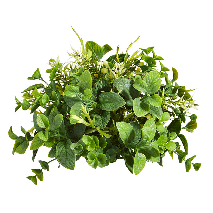A synthetic mixed greenery half ball decoration primarily in green color.