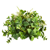 A synthetic mixed greenery half ball decoration primarily in green color.