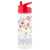 A clear plastic sippy cup with a red lid, featuring a colorful space-themed design with rockets and planets.