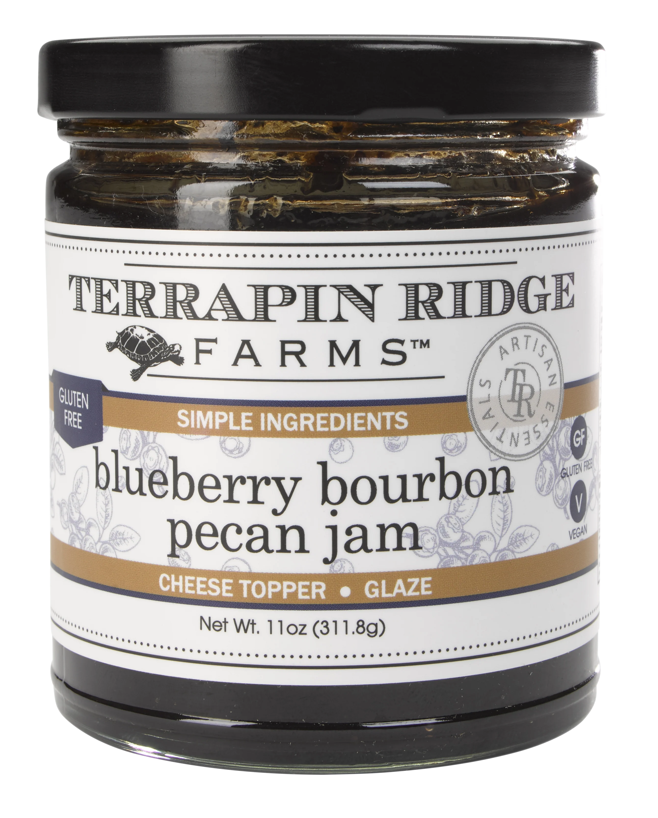 A jar of Terrapin Ridge Farms Blueberry Bourbon Pecan Jam with the label facing forward. The label indicates that the jam is gluten-free, dairy-free, with a net weight of 19 oz (1 lb) 454g.