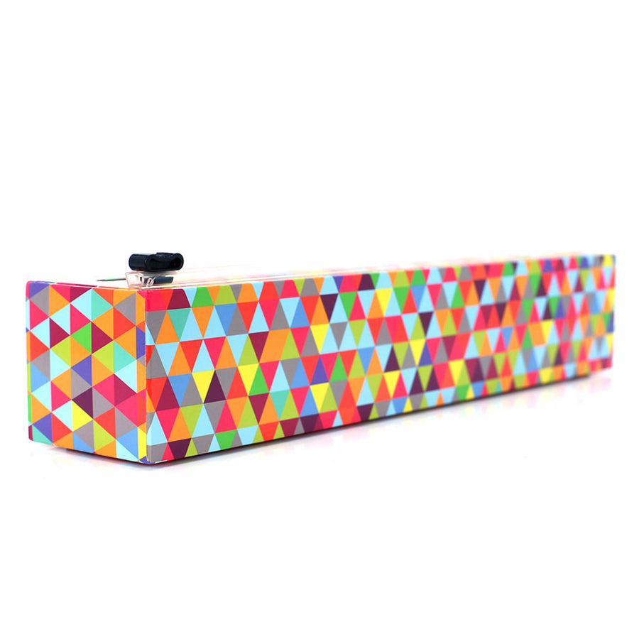 A colorful geometric patterned wrap dispenser with a roll of plastic wrap protruding from the top.