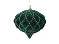 Green textured Christmas ornament with gold accents on a white background