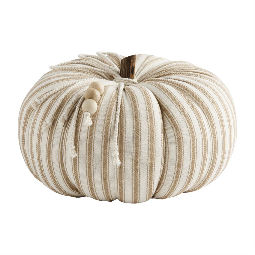 A fabric pumpkin with beige and brown striped pattern and a wooden stem.