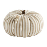 A fabric pumpkin with beige and brown striped pattern and a wooden stem.