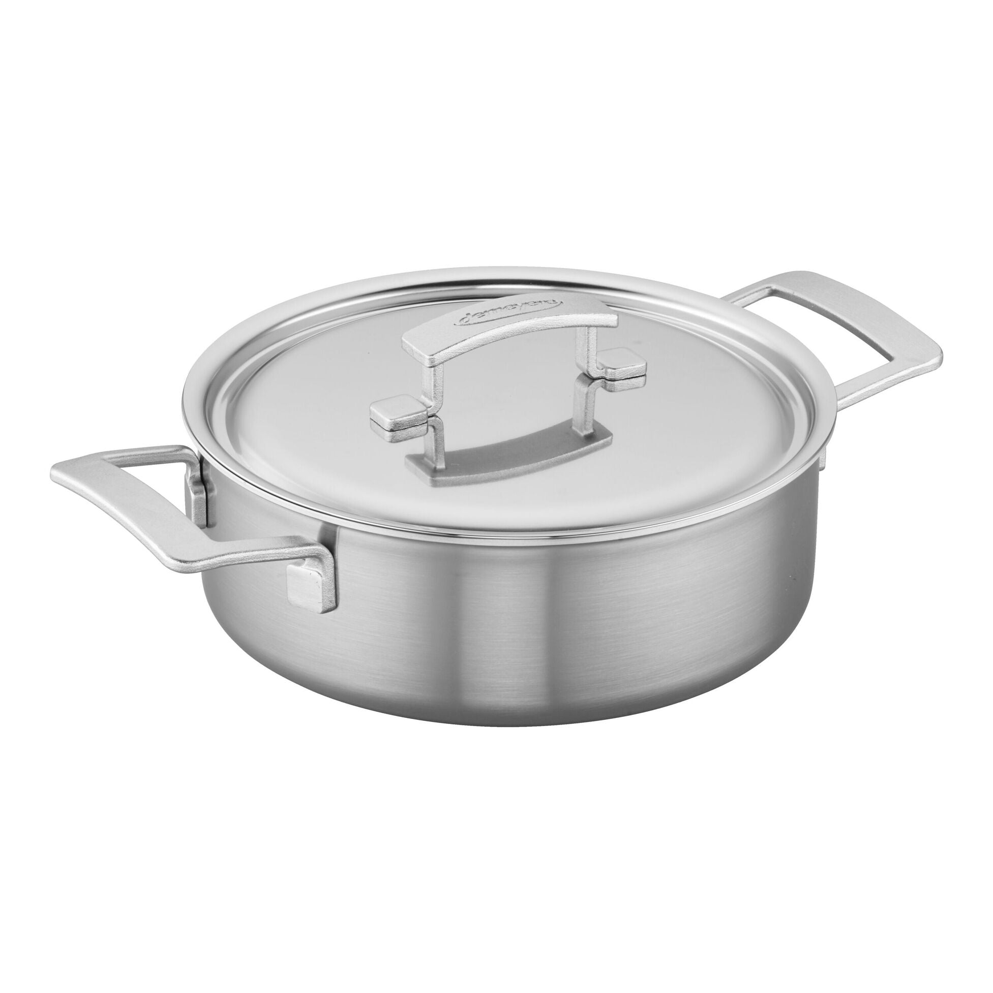 A silver stainless-steel sauté pan with a lid, featuring a stay-cool handle and two auxiliary handles attached by a bar.