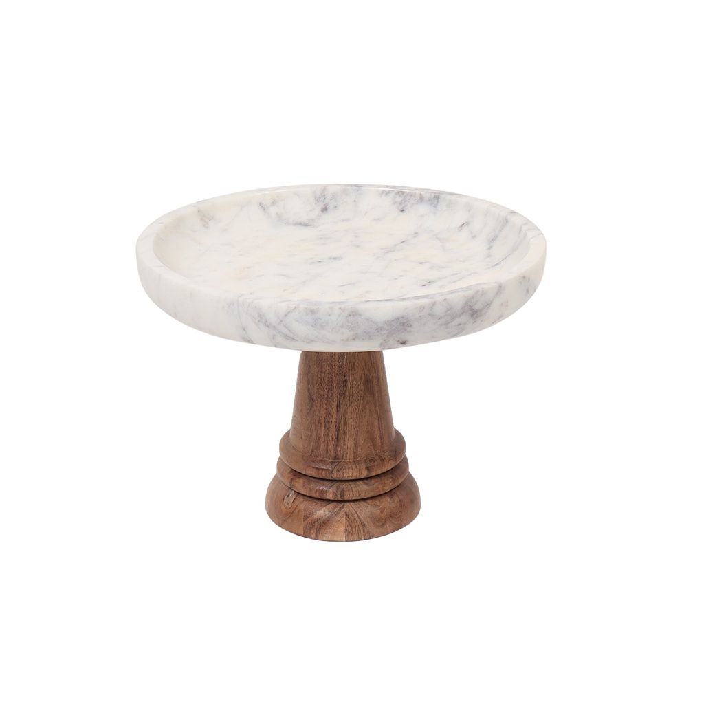 A marble and acacia wood pedestal table with a solid marble top and a cylindrical acacia wood base.