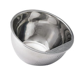 A silver-colored rice washing bowl with a ridged surface, made from durable plastic.