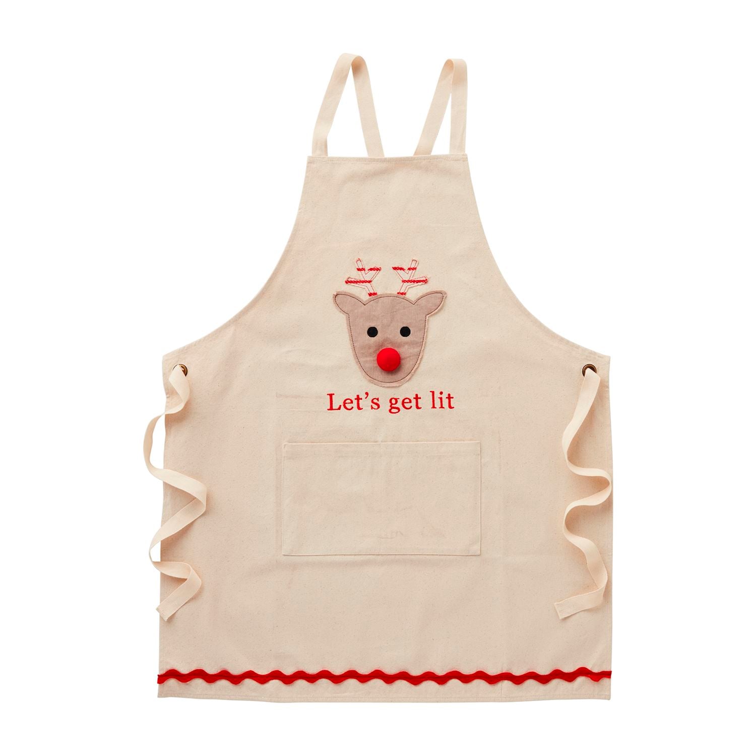 A beige apron with a Christmas-themed LED design featuring a reindeer's face and the text 'Let's get lit' on the front pocket.