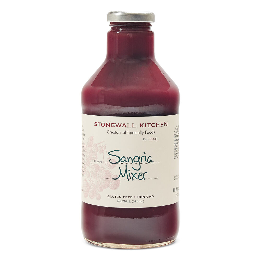 A bottle of Stonewall Kitchen Sangria Mixer with a dark red label and a cap, displaying the product name and the phrase 'Creators of Specialty Foods'.
