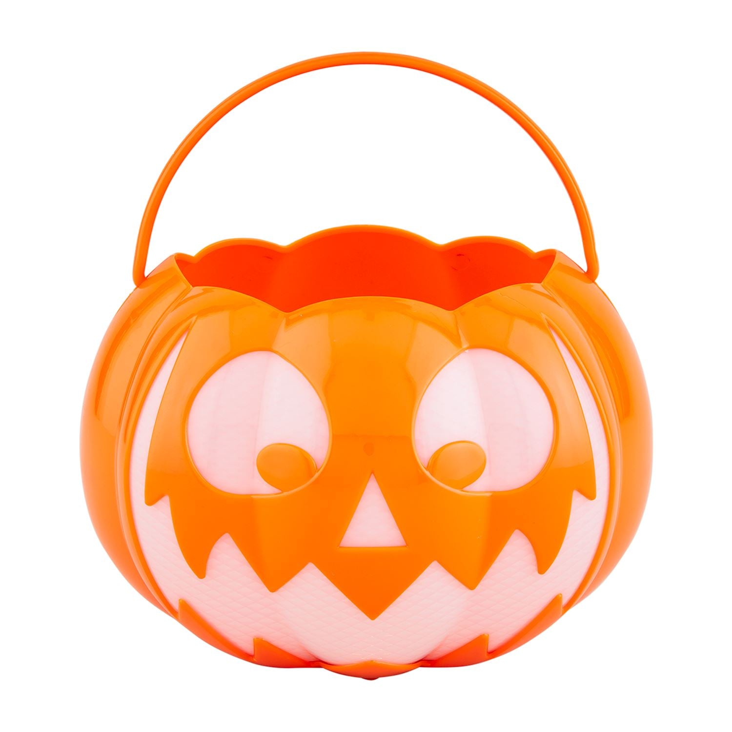An orange plastic pumpkin with a built-in candy bucket, featuring a jack-o'-lantern face design, intended as a Halloween accessory.
