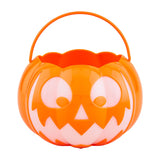 An orange plastic pumpkin with a built-in candy bucket, featuring a jack-o'-lantern face design, intended as a Halloween accessory.
