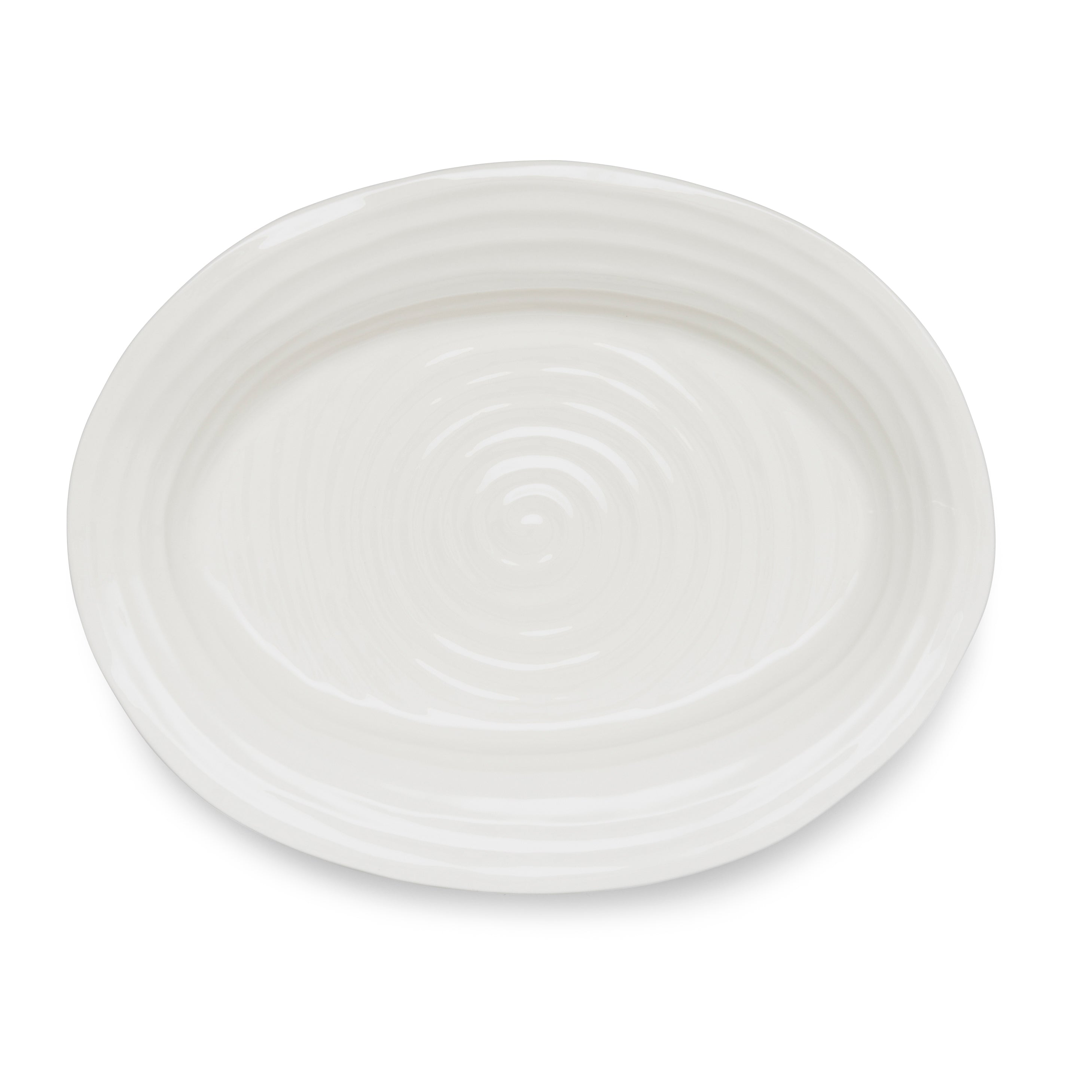 A white oval ceramic platter with a spiral edge design.