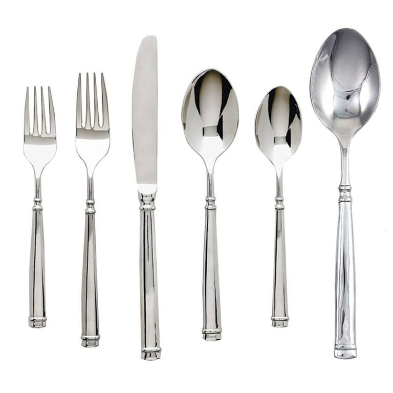 A complete 42-piece stainless steel flatware set, including dinner knives, dinner forks, salad forks, soup spoons, and teaspoons.