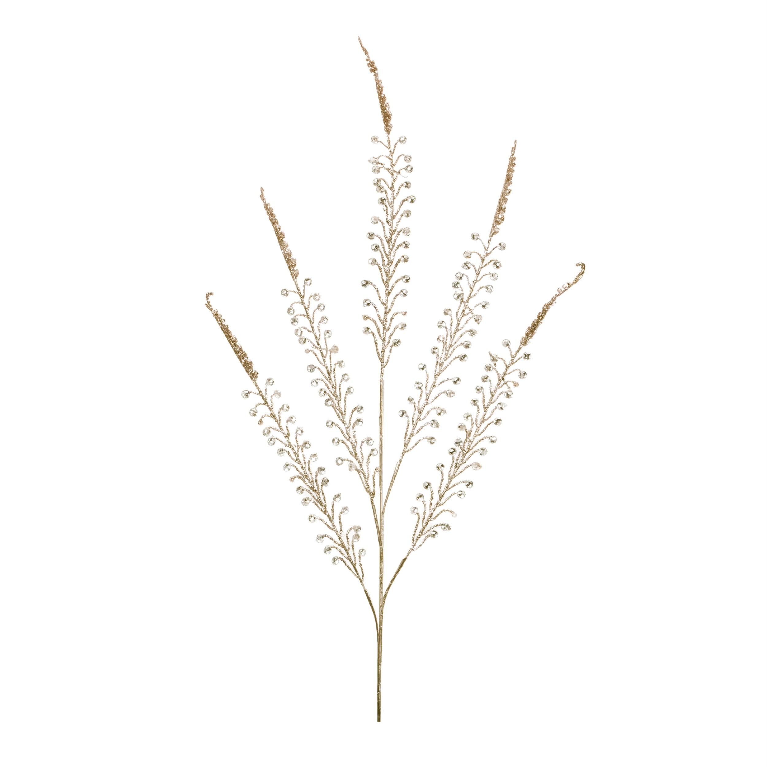 A gold-colored artificial bead fern spray with multiple slender stems and small, round leaves.