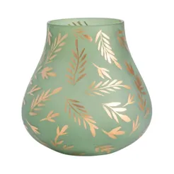 A hand-painted ceramic hurricane vase with a green base and gold leaf patterns.