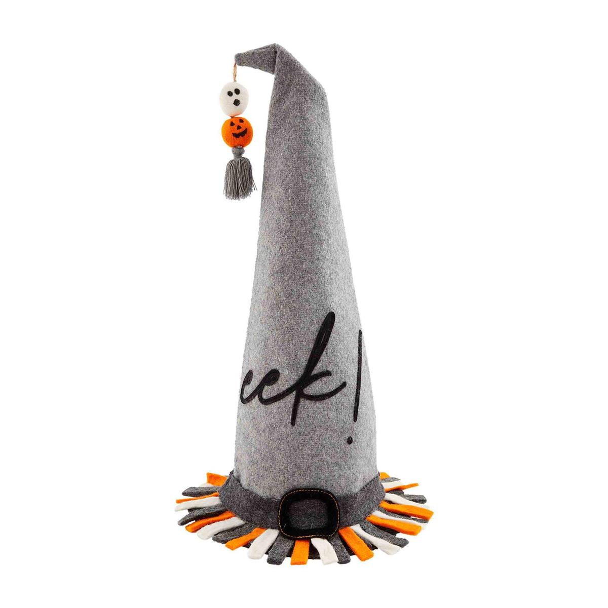 A gray witch hat with a 'EEK!' text and a decorative element that resembles a pumpkin at the top. The hat has a orange and black band around the bottom.