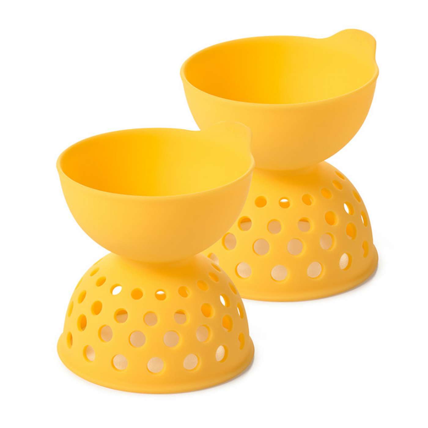Two yellow silicone egg poachers with a perforated design.
