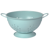A blue plastic colander with handles, designed for kitchen use.