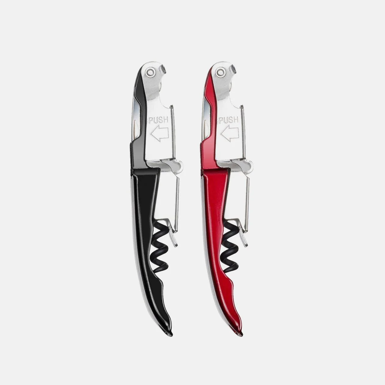 Two Zippity Two-Step Wine Tools, one in black and one in red, with ergonomic design and wine bottle opener functionality.