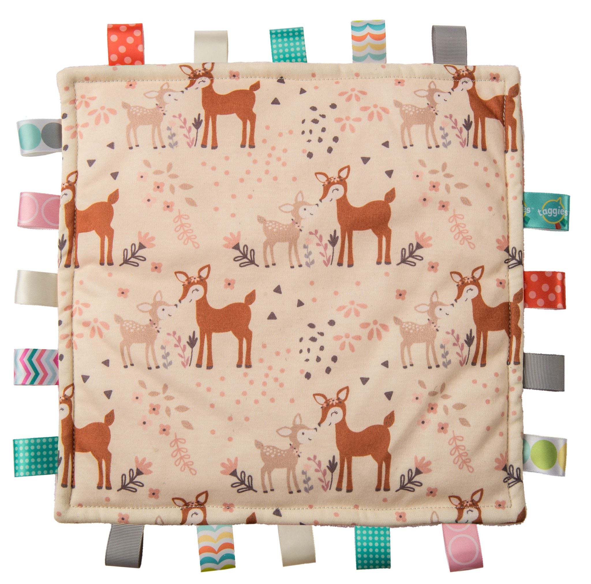 A multicolored baby security blanket with a deer pattern and tags around the edge.